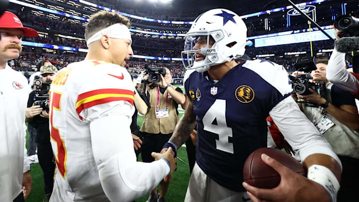 Kansas City Chiefs quarterback Patrick Mahomes (15) and Dallas Cowboys quarterback Dak Prescott (4) greet each other after the game at AT&T Stadium.