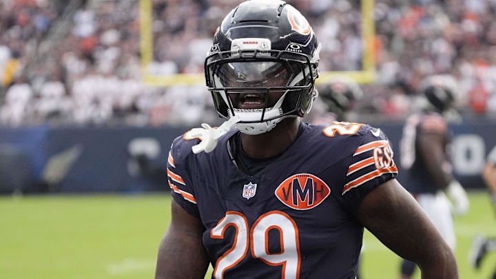 Sep 21, 2025; Chicago, Illinois, USA; Chicago Bears cornerback Tyrique Stevenson (29) reacts after a turnover against the Dallas Cowboys during the first half at Soldier Field.