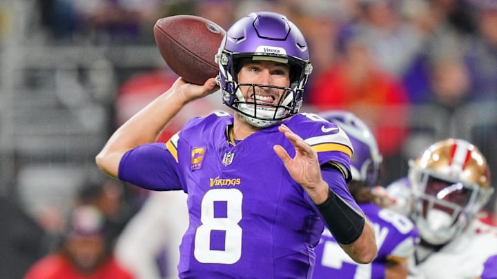 Oct 23, 2023; Minneapolis, Minnesota, USA; Minnesota Vikings quarterback Kirk Cousins (8) passes