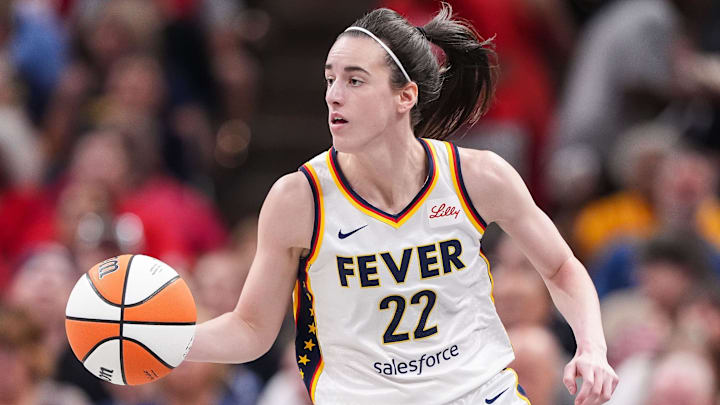 Indiana Fever guard Caitlin Clark (22) rushes up the court Friday, July 12, 2024, during the game at Gainbridge Fieldhouse in Indianapolis. The Indiana Fever defeated the Phoenix Mercury, 95-86.