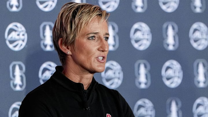 Oct 9, 2024; Charlotte, NC, USA; Stanford head coach Kate Paye during ACC Media Days at The Hilton Charlotte Uptown. Mandatory Credit: Jim Dedmon-Imagn Images