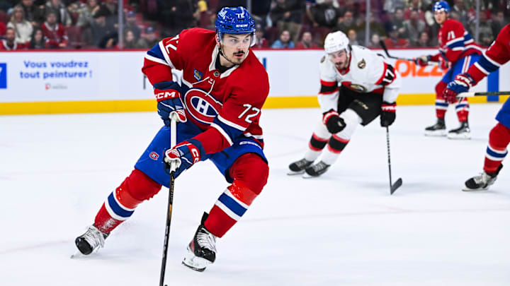 Oct 1, 2024; Montreal, Quebec, CAN; Montreal Canadiens defenseman Arber Xhekaj (72) plays the puck against the Ottawa Senators during the first period at Bell Centre. Mandatory Credit: David Kirouac-Imagn Images