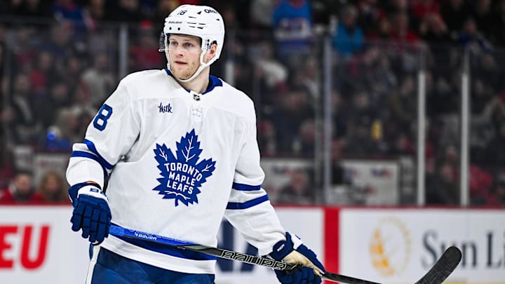 Jan 18, 2025; Montreal, Quebec, CAN; Toronto Maple Leafs center Steven Lorentz (18) looks on against the Montreal Canadiens during the first period at Bell Centre. Mandatory Credit: David Kirouac-Imagn Images