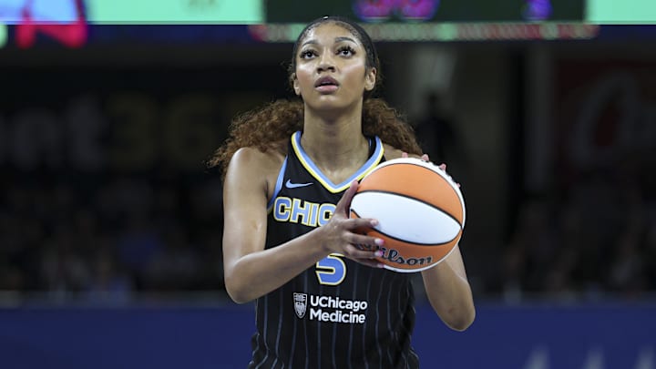 May 22, 2025; Chicago, Illinois, USA; Chicago Sky forward Angel Reese (5) shoots a free throw against the New York Liberty during the second half at Wintrust Arena. Mandatory Credit: Kamil Krzaczynski-Imagn Images