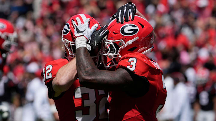 Georgia running back Nate Frazier (3) celebrates after scoring a touchdown during the Georgia G-Day spring football game in Athens, Ga., on Saturday, April 12, 2025.