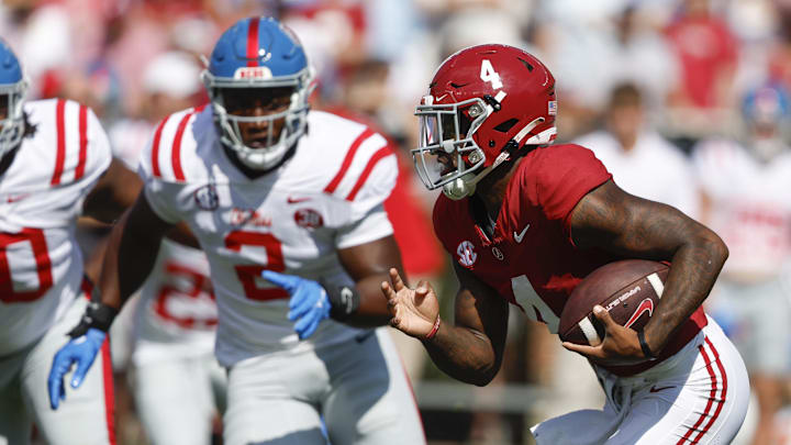 Sep 23, 2023; Tuscaloosa, Alabama, USA; Alabama Crimson Tide quarterback Jalen Milroe (4) carries