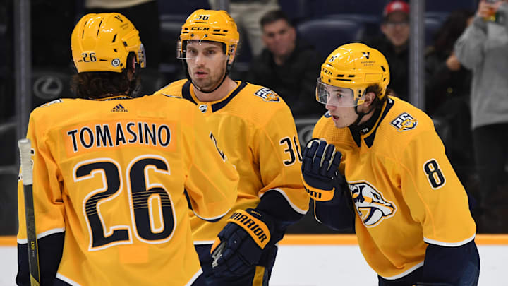Dec 19, 2023; Nashville, Tennessee, USA; Nashville Predators center Cody Glass (8) celebrates with