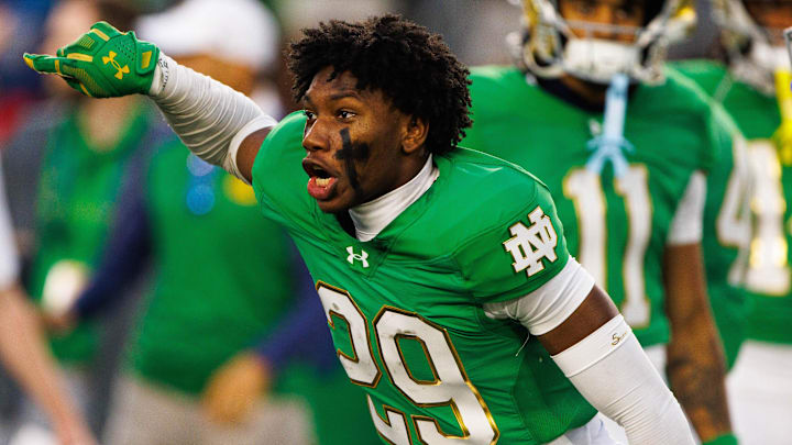 Notre Dame cornerback Christian Gray (29) celebrates winning a NCAA college football game 31-24 against Louisville at Notre Dame Stadium on Saturday, Sept. 28, 2024, in South Bend. Notre Dame cornerback Christian Gray (29) celebrates winning a NCAA college football game 31-24 against Louisville at Notre Dame Stadium on Saturday, Sept. 28, 2024, in South Bend.
