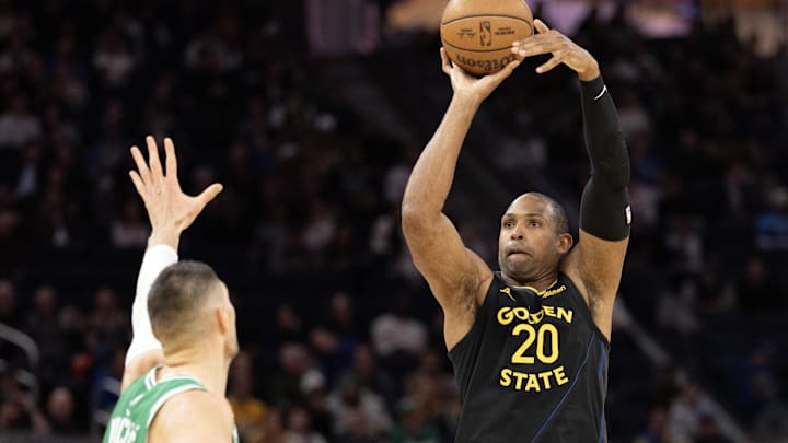 Feb 19, 2026; San Francisco, California, USA; Golden State Warriors center Al Horford (20) shoots over Boston Celtics center Nikola Vucevic (4) during the fourth quarter at Chase Center. Mandatory Credit: D. Ross Cameron-Imagn Images Feb 19, 2026; San Francisco, California, USA; Golden State Warriors center Al Horford (20) shoots over Boston Celtics center Nikola Vucevic (4) during the fourth quarter at Chase Center. Mandatory Credit: D. Ross Cameron-Imagn Images