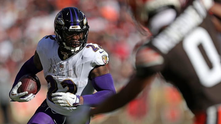 Baltimore Ravens running back Derrick Henry (22) rushes for yards during the second half of an NFL football game at Huntington Bank Field, Sunday, Oct. 27, 2024, in Cleveland, Ohio. Baltimore Ravens running back Derrick Henry (22) rushes for yards during the second half of an NFL football game at Huntington Bank Field, Sunday, Oct. 27, 2024, in Cleveland, Ohio.