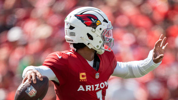 September 21, 2025; Santa Clara, California, USA; Arizona Cardinals quarterback Kyler Murray (1) during the first quarter against the San Francisco 49ers at Levi's Stadium. Mandatory Credit: Kyle Terada-Imagn Images