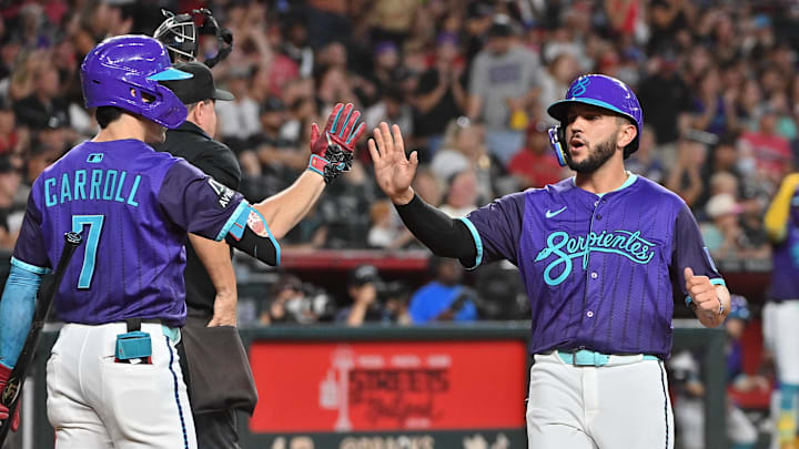 Jul 18, 2025; Phoenix, Arizona, USA; Arizona Diamondbacks catcher Adrian Del Castillo (25) celebrates with outfielder Corbin Carroll (7) after scoring in the second inning against the St. Louis Cardinals at Chase Field. Mandatory Credit: Matt Kartozian-Imagn Images Jul 18, 2025; Phoenix, Arizona, USA; Arizona Diamondbacks catcher Adrian Del Castillo (25) celebrates with outfielder Corbin Carroll (7) after scoring in the second inning against the St. Louis Cardinals at Chase Field. Mandatory Credit: Matt Kartozian-Imagn Images