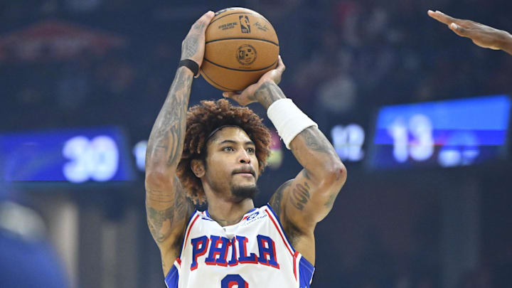 Nov 5, 2025; Cleveland, Ohio, USA; Philadelphia 76ers guard Kelly Oubre Jr. (9) shoots in the first quarter against the Cleveland Cavaliers at Rocket Arena. Mandatory Credit: David Richard-Imagn Images