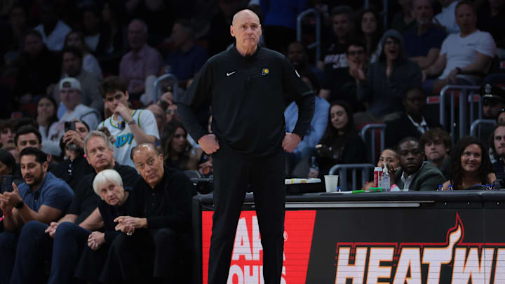 Feb 28, 2025; Miami, Florida, USA; Indiana Pacers head coach Rick Carlisle watches from the sideline against the Miami Heat during the second quarter at Kaseya Center. Mandatory Credit: Sam Navarro-Imagn Images