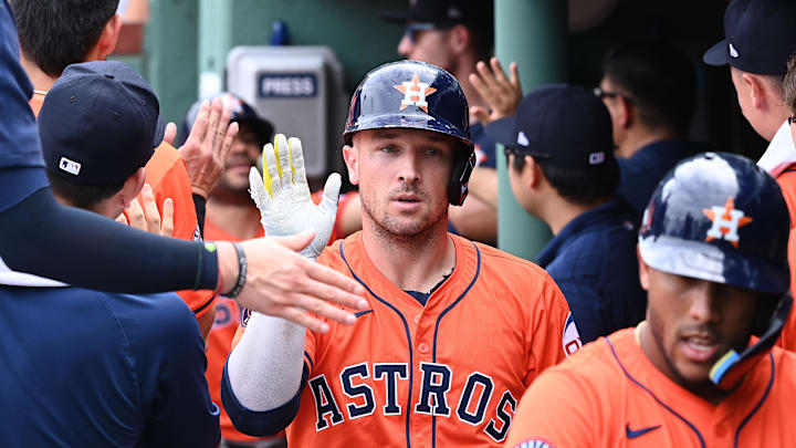 Aug 11, 2024; Boston, Massachusetts, USA; Houston Astros third baseman Alex Bregman (2) celebrates his three-run home run against the Boston Red Sox during the fifth inning at Fenway Park.