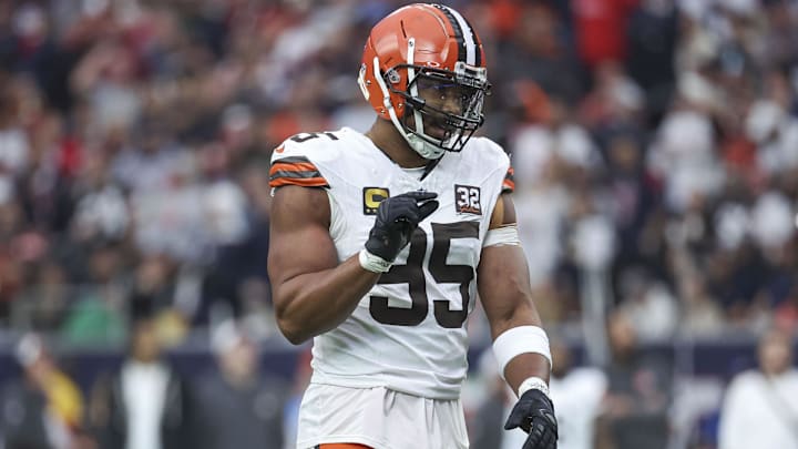 Jan 13, 2024; Houston, Texas, USA; Cleveland Browns defensive end Myles Garrett (95) reacts in a 2024 AFC wild card game against the Houston Texans at NRG Stadium. Jan 13, 2024; Houston, Texas, USA; Cleveland Browns defensive end Myles Garrett (95) reacts in a 2024 AFC wild card game against the Houston Texans at NRG Stadium.