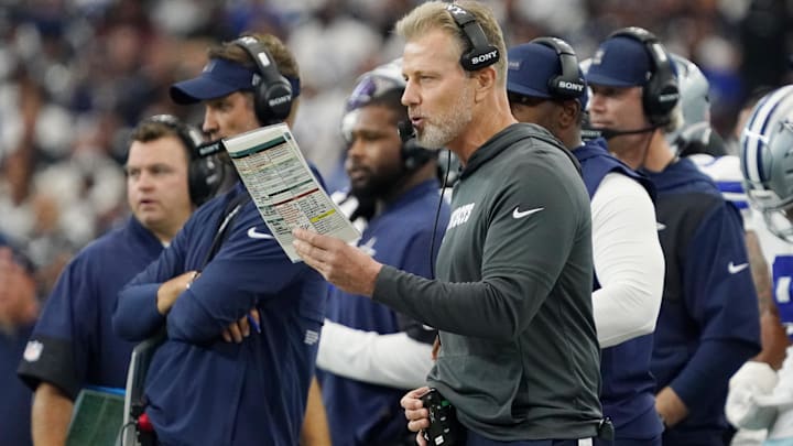 Sep 14, 2025; Arlington, Texas, USA; Dallas Cowboys defensive coordinator Matt Eberflus on the sideline during the first quarter at AT&T Stadium.