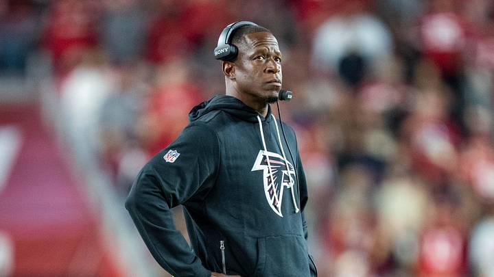 October 19, 2025; Santa Clara, California, USA; Atlanta Falcons head coach Raheem Morris during the fourth quarter against the San Francisco 49ers at Levi's Stadium. Mandatory Credit: Kyle Terada-Imagn Images