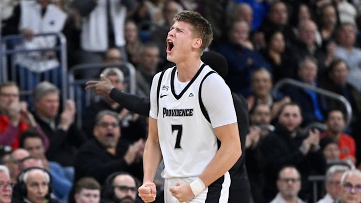 Jan 7, 2026; Providence, Rhode Island, USA; Providence Friars guard Stefan Vaaks (7) reacts to game action during the first half against the UConn Huskies at Amica Mutual Pavilion. Mandatory Credit: Eric Canha-Imagn Images