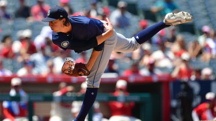 Seattle Mariners pitcher Logan Gilbert throws against the Los Angeles Angels on Sunday at Angel Stadium.
