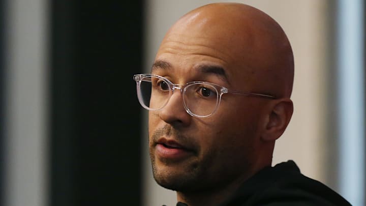 Iowa State's wide receiver coach Noah Pauley talks to media on Wednesday, April 10, 2024, in Ames, Iowa. Pauley is the Packers' new receivers coach.