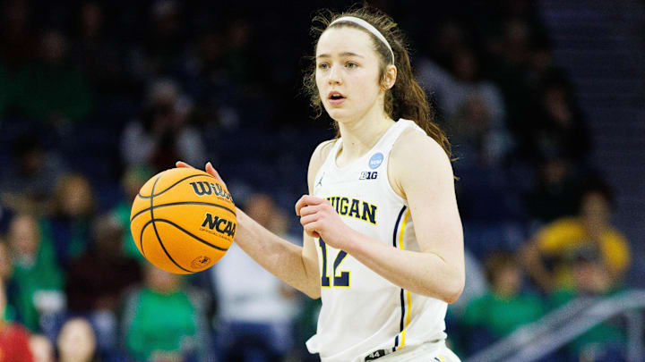 Michigan guard Syla Swords brings the ball up the court during the first round of the NCAA Women's Basketball Tournament between Michigan and Iowa State at Purcell Pavilion on Friday, March 21, 2025, in South Bend.