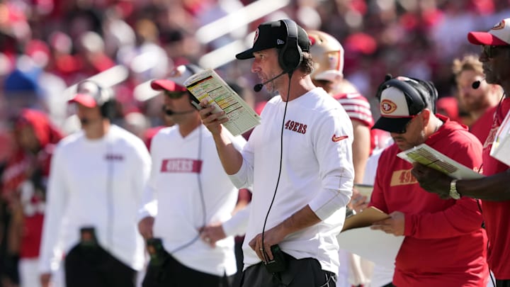 Oct 6, 2024; Santa Clara, California, USA; San Francisco 49ers head coach Kyle Shanahan stands on the sideline during the second quarter against the Arizona Cardinals at Levi's Stadium. Mandatory Credit: Darren Yamashita-Imagn Images