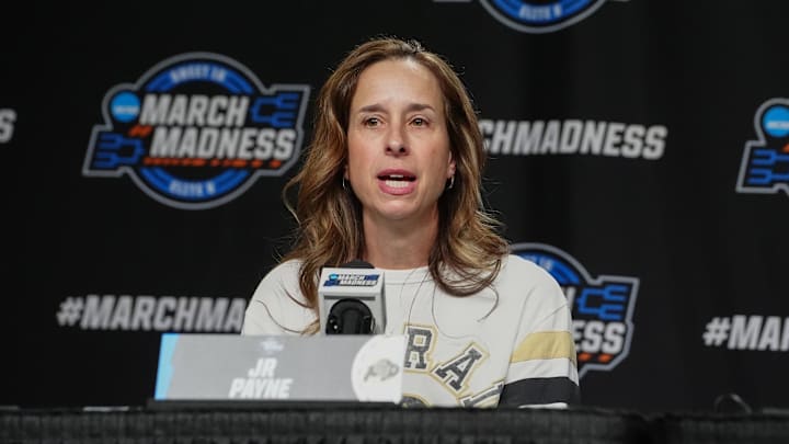 Mar 28, 2024; Albany, NY, USA; Colorado Buffaloes head coach JR Payne answers questions during the press conference prior to their NCAA Tournament Sweet 16 game at MVP Arena.