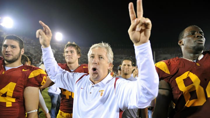 Nov 8, 2008; Los Angeles, CA, USA; Southern California Trojans coach Pete Carroll celebrates after game against the California Golden Bears at the Los Angeles Memorial Coliseum. USC defeated California 17-3. Mandatory Credit: Kirby Lee/Image of Sport-Imagn Images