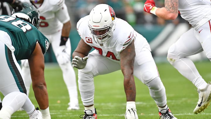 Dec 31, 2023; Philadelphia, Pennsylvania, USA; Arizona Cardinals offensive tackle D.J. Humphries (74) against the Philadelphia Eagles at Lincoln Financial Field. Mandatory Credit: Eric Hartline-Imagn Images