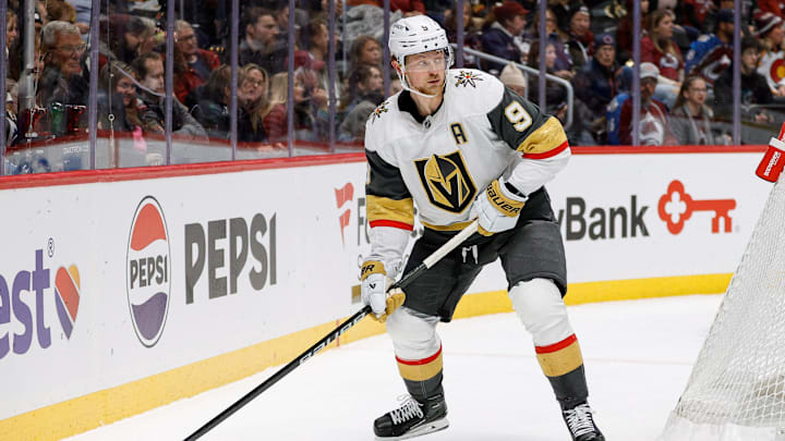Nov 27, 2024; Denver, Colorado, USA; Vegas Golden Knights center Jack Eichel (9) in the first period against the Colorado Avalanche at Ball Arena. Mandatory Credit: Isaiah J. Downing-Imagn Images