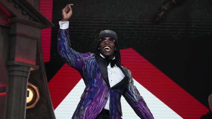 Apr 25, 2024; Detroit, MI, USA; Missouri Tigers defensive lineman Darius Robinson reacts after being