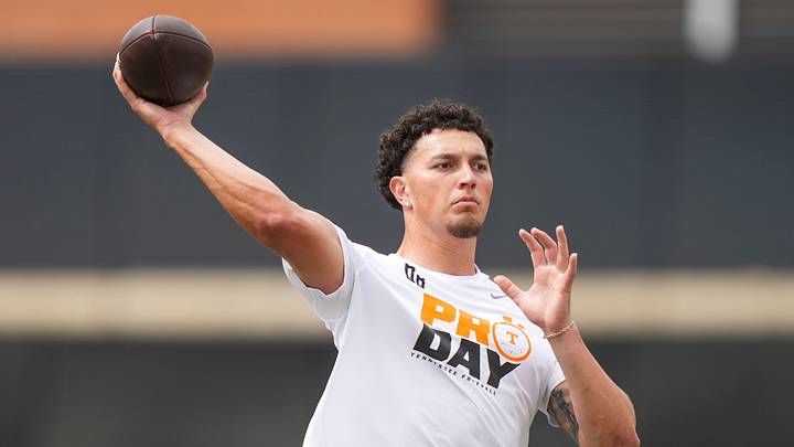 Joey Aguilar throws the ball during Tennessee Football Pro Day 2026, at University of Tennessee on March 31, 2026. Joey Aguilar throws the ball during Tennessee Football Pro Day 2026, at University of Tennessee on March 31, 2026.