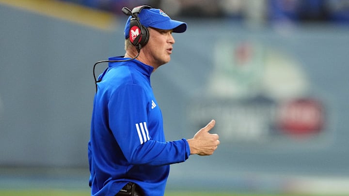 Dec 26, 2023; Phoenix, AZ, USA; Kansas Jayhawks head coach Lance Leipold looks on against the UNLV Rebels during the second half at Chase Field. Mandatory Credit: Joe Camporeale-Imagn Images