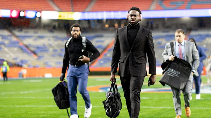 Florida Gators defensive end Princely Umanmielen (1) walks on the field during Gator Walk at Steve Spurrier Field at Ben Hill Griffin Stadium in Gainesville, FL on Saturday, November 25, 2023. [Matt Pendleton/Gainesville Sun]