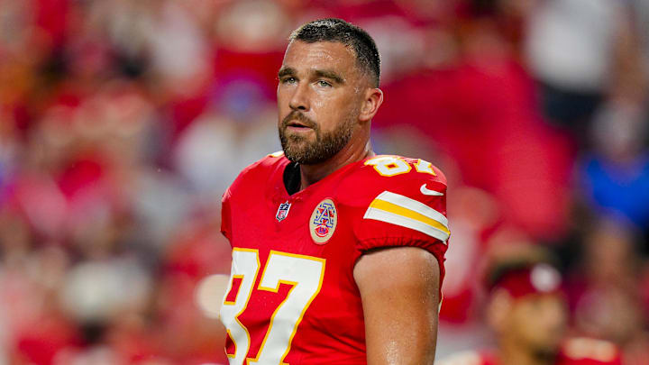 Kansas City Chiefs tight end Travis Kelce (87) warms up prior to a game against the Detroit Lions at GEHA Field at Arrowhead Stadium. Kansas City Chiefs tight end Travis Kelce (87) warms up prior to a game against the Detroit Lions at GEHA Field at Arrowhead Stadium.