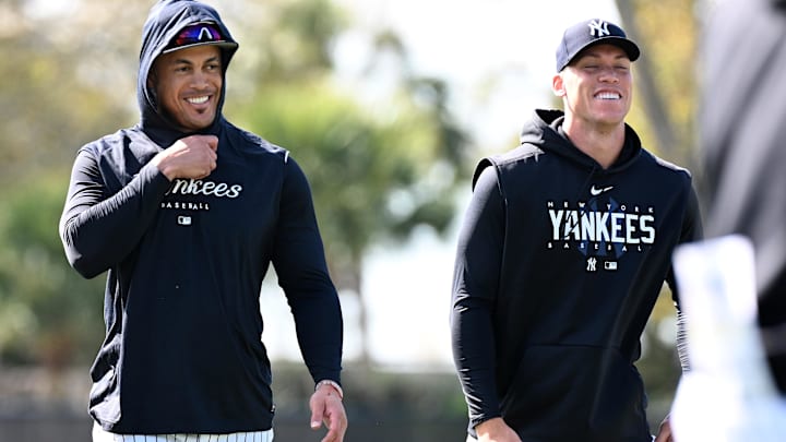 Feb 21, 2023; Tampa, FL, USA; New York Yankees outfielder Aaron Judge (99) and outfielder Giancarlo