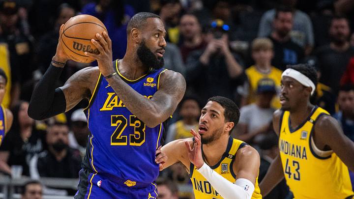 Mar 29, 2024; Indianapolis, Indiana, USA; Los Angeles Lakers forward LeBron James (23) holds the ball while Indiana Pacers guard Tyrese Haliburton (0) defends in the first half at Gainbridge Fieldhouse. Mandatory Credit: Trevor Ruszkowski-USA TODAY Sports Mar 29, 2024; Indianapolis, Indiana, USA; Los Angeles Lakers forward LeBron James (23) holds the ball while Indiana Pacers guard Tyrese Haliburton (0) defends in the first half at Gainbridge Fieldhouse. Mandatory Credit: Trevor Ruszkowski-USA TODAY Sports