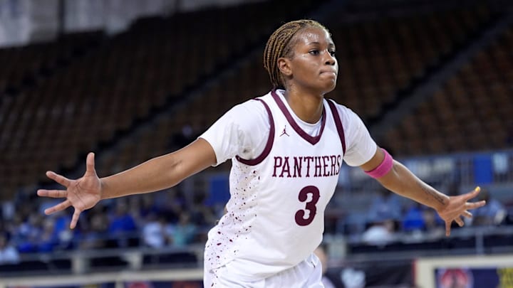 Putnam City North's Brandie Harrod defends a in-bounds throw during the Class 6A girls Oklahoma state basketball championship tournament game between Putnam City North and Sapulpa at State Fair Arena in Oklahoma City, Tuesday, March, 11, 2025.