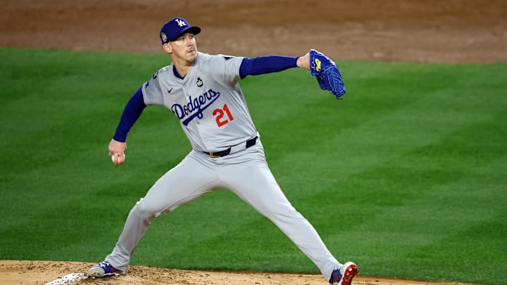 Oct 28, 2024; New York, New York, USA; Los Angeles Dodgers pitcher Walker Buehler (21) throws during the first inning in game three of the 2024 MLB World Series against the New York Yankees at Yankee Stadium. Mandatory Credit: Vincent Carchietta-Imagn Images