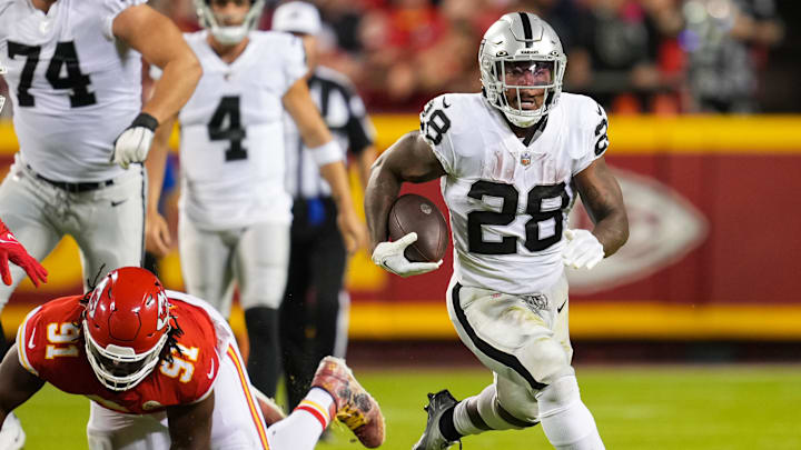 Oct 10, 2022; Kansas City, Missouri, USA; Las Vegas Raiders running back Josh Jacobs (28) runs the