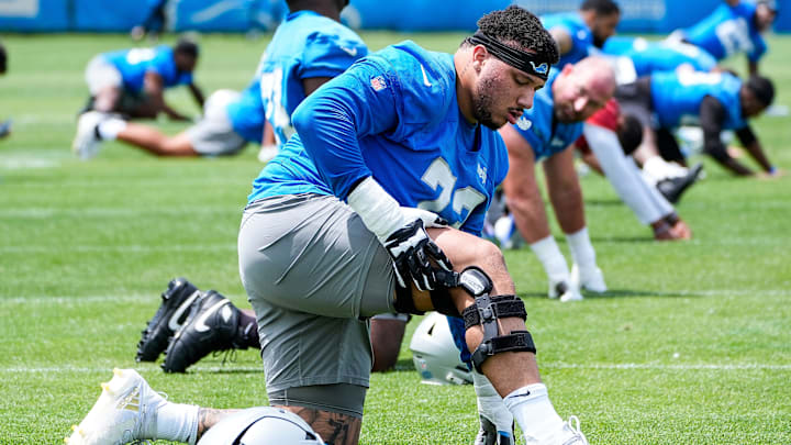 Detroit Lions guard Christian Mahogany (73) practices during OTA at Meijer Performance Center in Allen Park on Friday, May 30, 2025. Detroit Lions guard Christian Mahogany (73) practices during OTA at Meijer Performance Center in Allen Park on Friday, May 30, 2025.