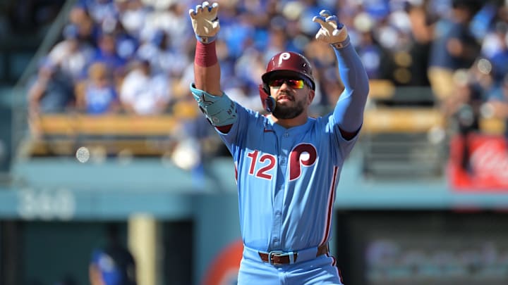 Oct 9, 2025; Los Angeles, California, USA; Philadelphia Phillies left fielder Kyle Schwarber (12) reacts after a double in the first inning against the Los Angeles Dodgers during game four of the NLDS round for the 2025 MLB playoffs at Dodger Stadium. Mandatory Credit: Jayne Kamin-Oncea-Imagn Images Oct 9, 2025; Los Angeles, California, USA; Philadelphia Phillies left fielder Kyle Schwarber (12) reacts after a double in the first inning against the Los Angeles Dodgers during game four of the NLDS round for the 2025 MLB playoffs at Dodger Stadium. Mandatory Credit: Jayne Kamin-Oncea-Imagn Images