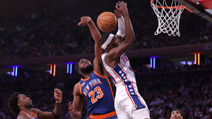 Apr 30, 2024; New York, New York, USA; New York Knicks center Mitchell Robinson (23) blocks a shot