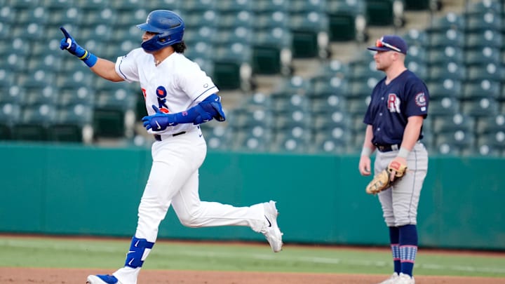 Oklahoma City's Diego Cartaya (23) celebrates after hitting a home run during a baseball game between the Oklahoma City Baseball Club and the Round Rock Express at the Chickasaw Bricktown Ballpark in Oklahoma City, Wednesday, Aug. 7, 2024.