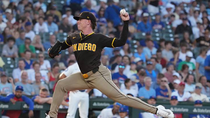 San Diego Padres pitcher JP Sears throws the ball against the Chicago Cubs.