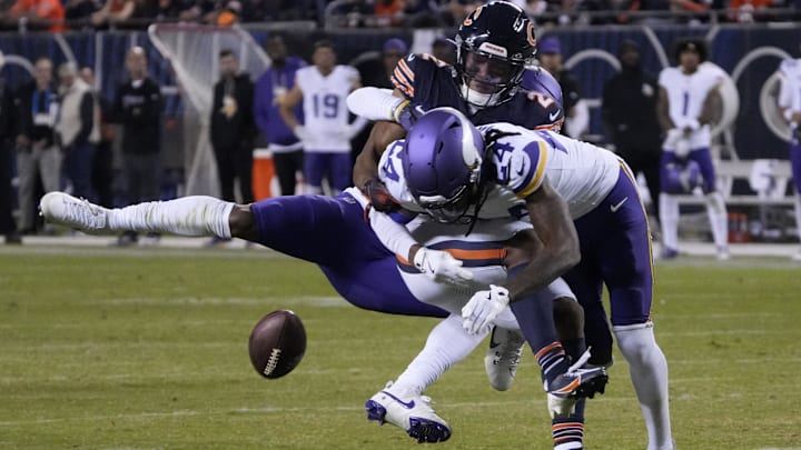 DJ Moore takes a hit from safety Jay Ward in Monday night's Bears loss. DJ Moore takes a hit from safety Jay Ward in Monday night's Bears loss.