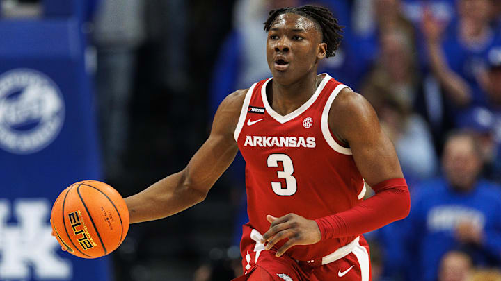 Feb 1, 2025; Lexington, Kentucky, USA; Arkansas Razorbacks forward Adou Thiero (3) brings the ball up court during the first half against the Kentucky Wildcats at Rupp Arena at Central Bank Center. Mandatory Credit: Jordan Prather-Imagn Images