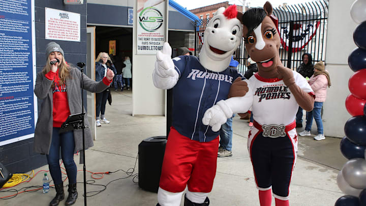 Alyssa Crosby, a contestant on The Voice, entertains fans before the Binghamton Rumble Ponies home opener on April 5, 2024, at Mirabito Stadium in Binghamton, N.Y.