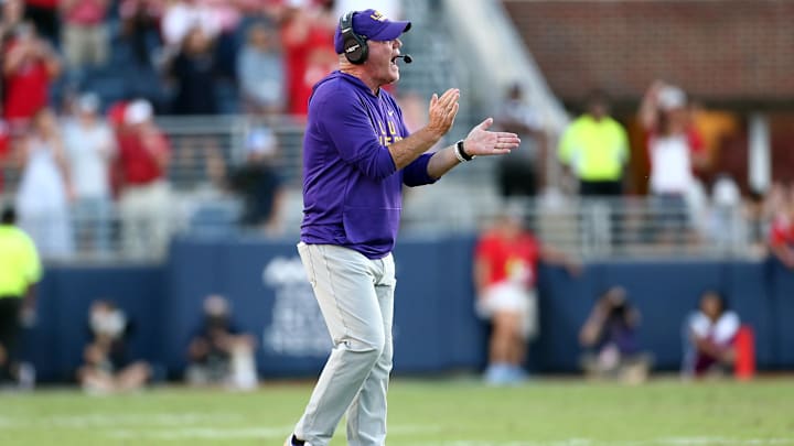Sep 27, 2025; Oxford, Mississippi, USA; LSU Tigers head coach Brian Kelly reacts during the fourth quarter against the Mississippi Rebels at Vaught-Hemingway Stadium. Mandatory Credit: Petre Thomas-Imagn Images